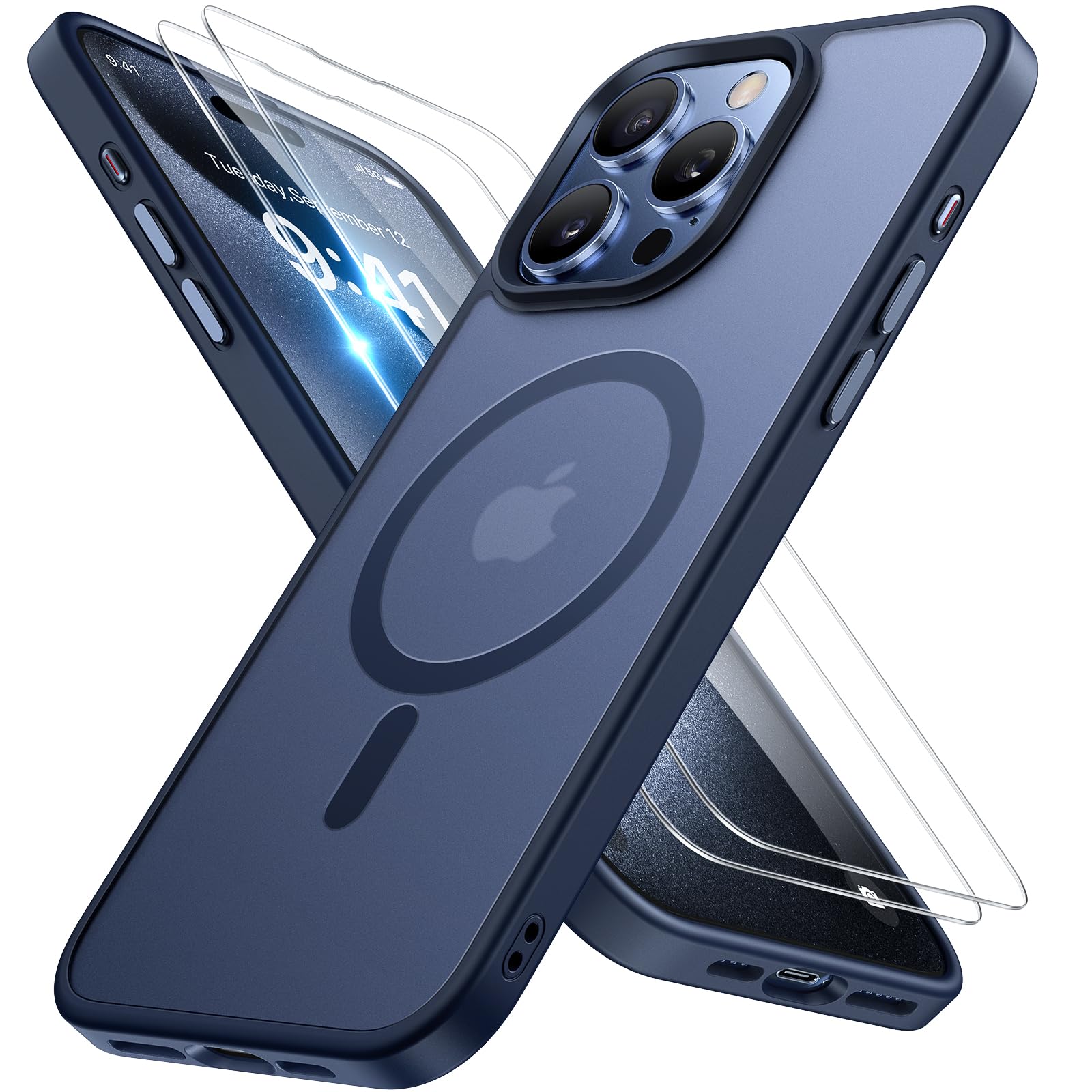 Miracase Magnetic for iPhone 15 Pro Max Case 6.7 inch (Compatible with MagSafe)（with 2X Screen Protectors） Military-Grade Protection, Anti-Fingerprint Translucent Matte Phone Cover, Dark BlueGlobal Recycled StandardGlobal Recycled StandardCarbonfree CertifiedGlobal Recycled Standard