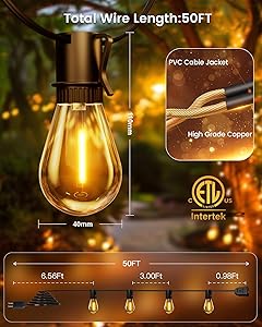 Torkase 50FT Outdoor String Lights LED, S14 Shatterproof Bulbs (15+1), Waterproof Dimmable Patio Lights for Backyard, Porch, Garden - Connectable Commercial Grade