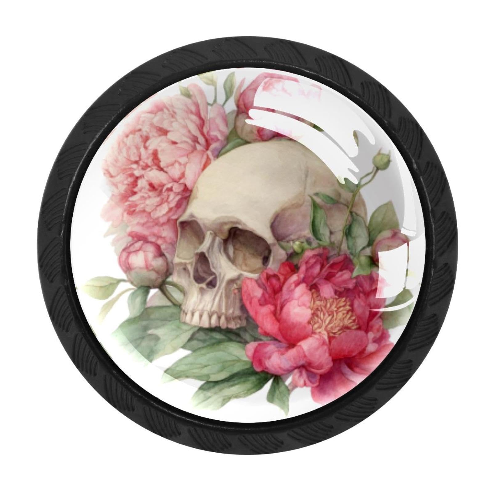 CHENZZZZ 4 PCS Watercolor Skull and Peonies Flowers (4) Crystal Glass Cabinet Knob Drawer Pull Handle for Kitchen Cupboard Dresser Wardrobe etc
