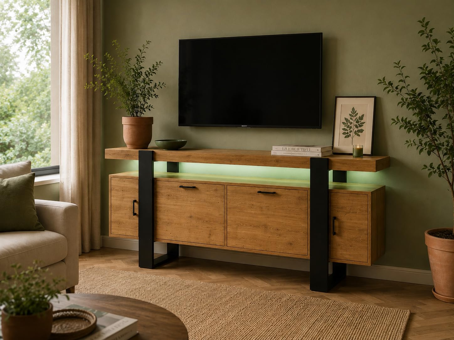 Mueble TV Alto (2 Paquetes) para TV de hasta 60 Pulgadas, Aparador Sideboard con Puertas, 140x40x80 cm, Cómoda para Comedor Entrada Pasillo, Efecto Roble y Negro