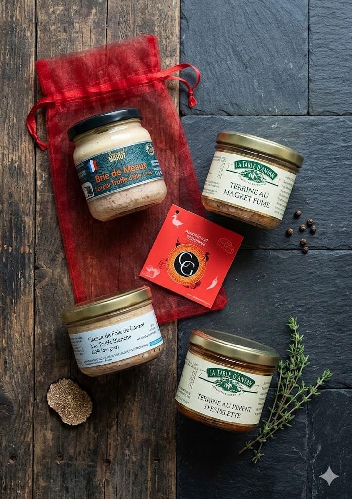 COLIS GOURMANDS – Coffret Cadeau Idee Originales Terrines Artisanales – Magret Fumé, Piment d'Espelette, Foie de Canard Truffe Blanche, Brie de Meaux Truffe – Idéal Noël, Anniversaire, Fête des Pères