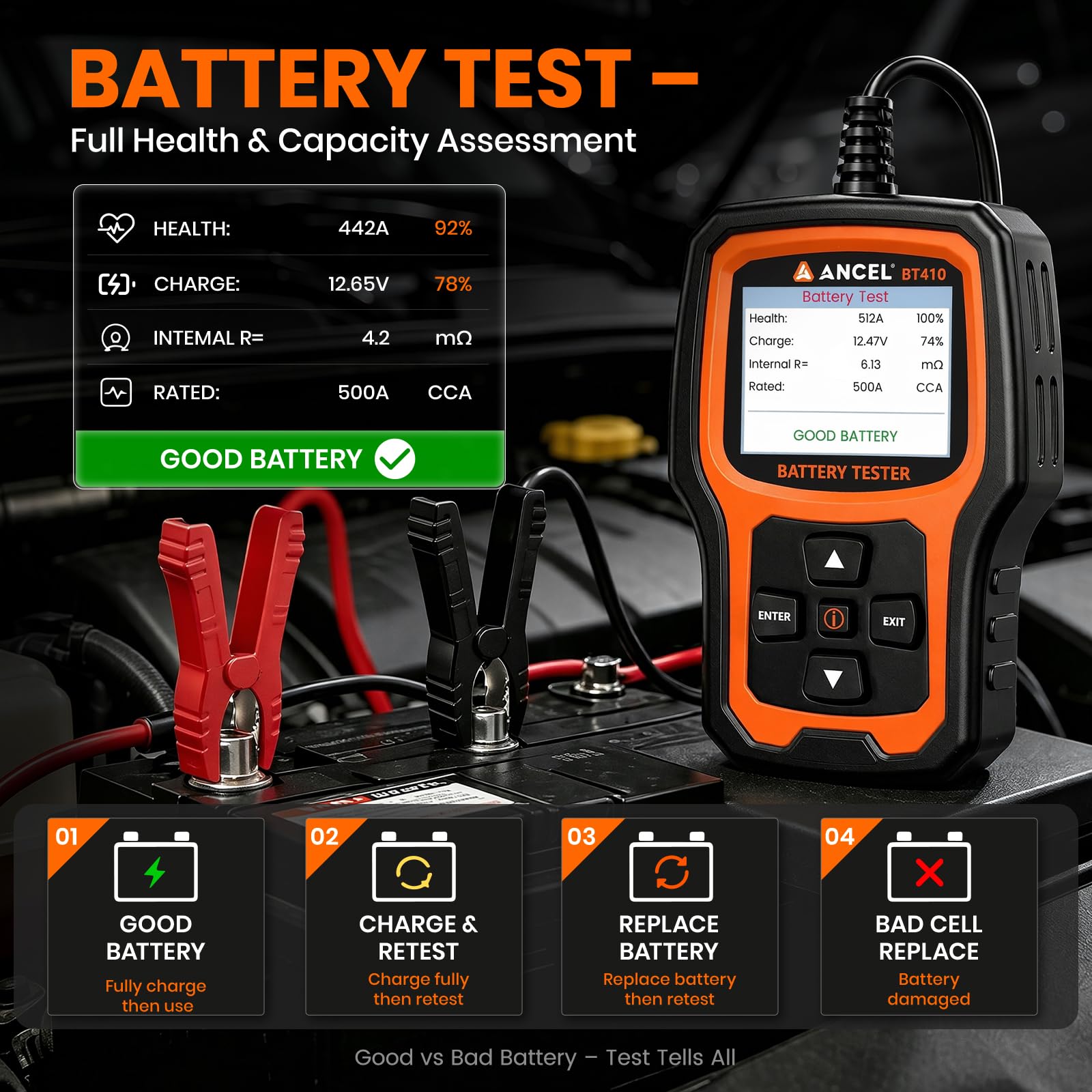 12V 24V Comprobador de Baterías de Coche 100-2000CCA para Plomo y Litio BAT | Probador de Batería de Coche con Prueba de Batería, Arranque, Carga y Alternador para ATV SUV Camión Moto Barco Yate