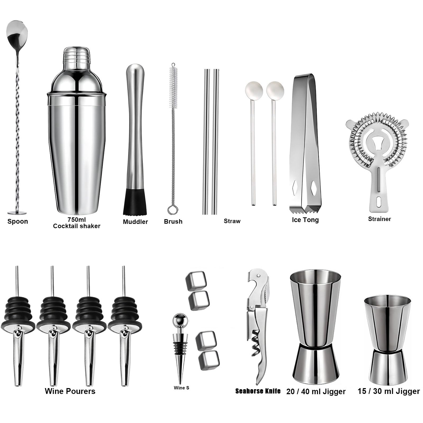 23 piezas Coctelera para Cócteles Kit Con Soporte acrílico acero inoxidable Profesional Barman Herramientas con Mortero de Cóctel colador Cuchara set de regalo para Mezclar Bebidas,Barra,hogar