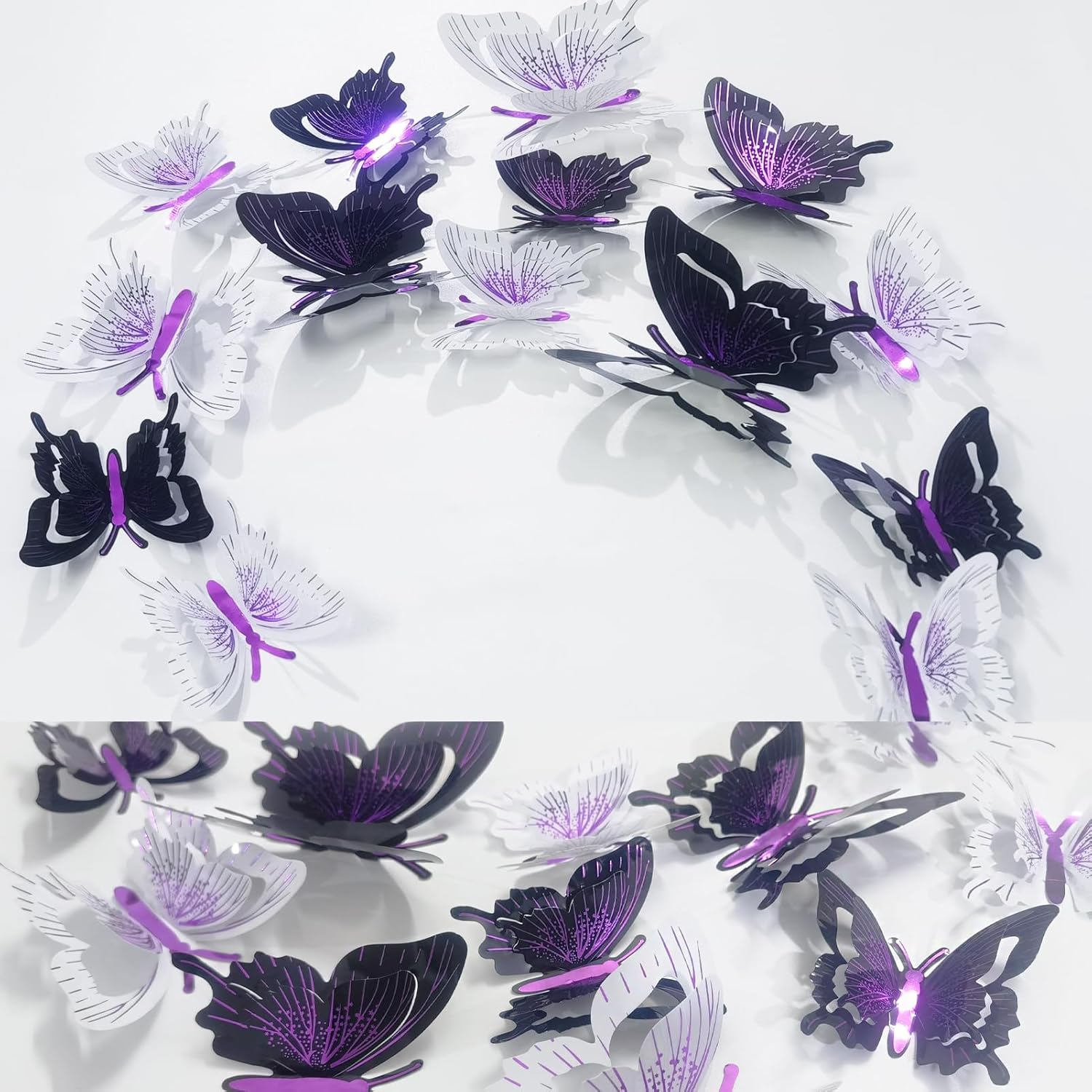Ewong 3D Butterfly Wall Decoration, 48 Pcs PVC Butterfly Wall Decals Removable Waterproof Sticker Mural Art Home Bedroom Bathroom Office Birthday Party Decor (Purple Black White)