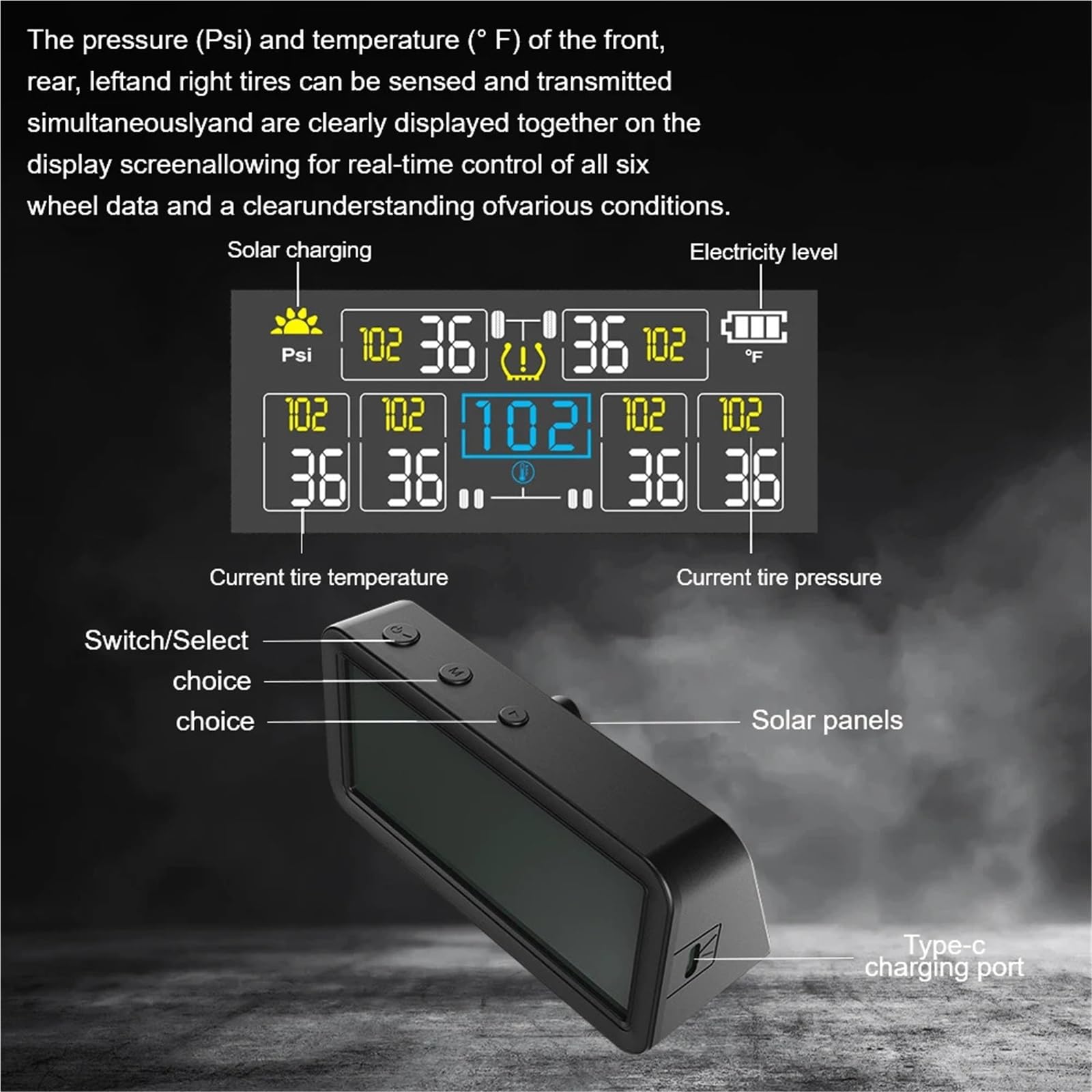 TPMS Solar con 4/6 sensores externos, 0-9,9 Bar, Pantalla LCD Digital para camión y Caravana, Alarma de presión de neumáticos para Coche, Resistente al Agua(6 Wheel External)