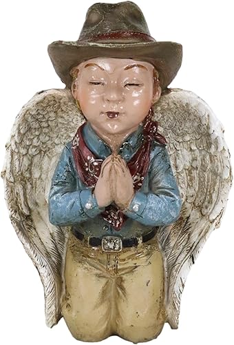 Ebros Gift Figura rústica de ángel vaquero occidental con sombrero y bufanda roja rezando sobre sus rodillas, escultura decorativa de mensajero de