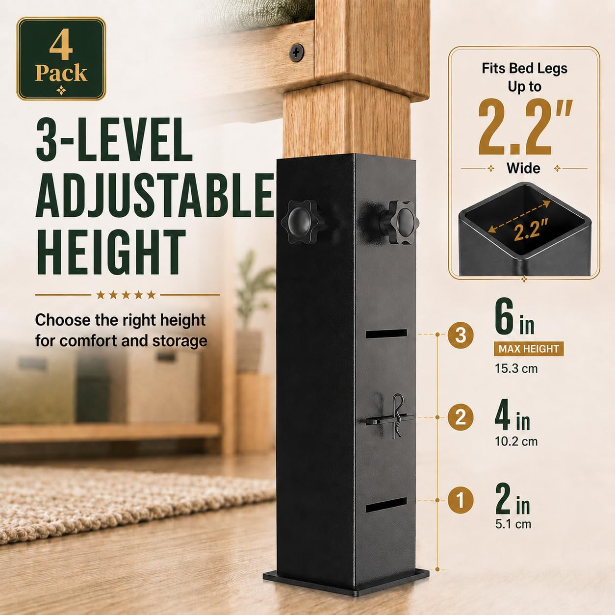 Metal Bed Risers for Dorm, 3-Level Adjustable Bed Risers Heavy Duty | Extra Tall Dorm Bed Extenders Rise 2" 4" 6" for Twin XL Bed, Fits Legs Up to 2.2'' Wide, Thickened Steel Widened Base