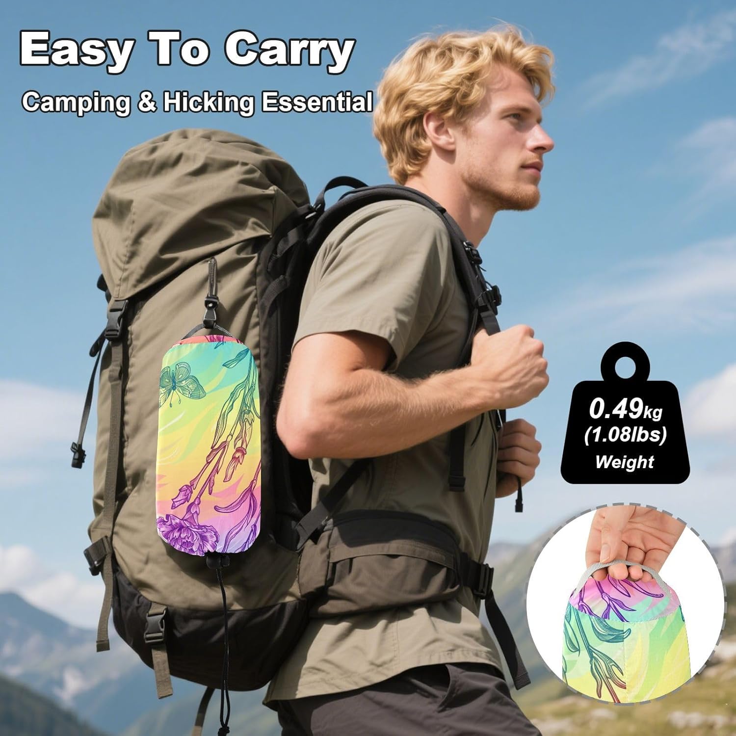 ALAZA Rainbow Carnation Flower Butterfly Camping Hammocks Single or 2 Person 500 lbs Portable Parachute Travel Hammock w/Tree Straps for Hiking Backpacking Indoor Outdoor