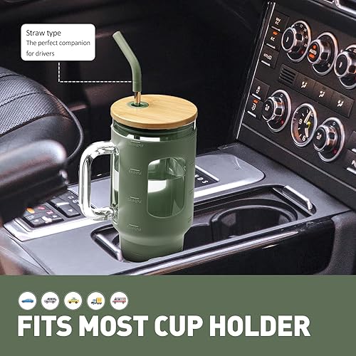 Miniatura 5 de Vaso de vidrio WINSA con pajita y tapa, vaso de vidrio de 40 oz con asa, botellas de agua de vidrio con marcador de tiempo, funda protectora de