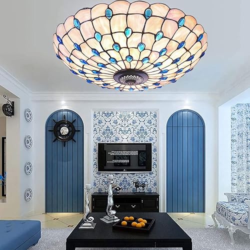 Miniatura 4 de Tiffany - Lámpara de techo de montaje empotrado, lámpara de techo LED de vitral, hecha a mano, con cuentas de vidrio coloridas azules para