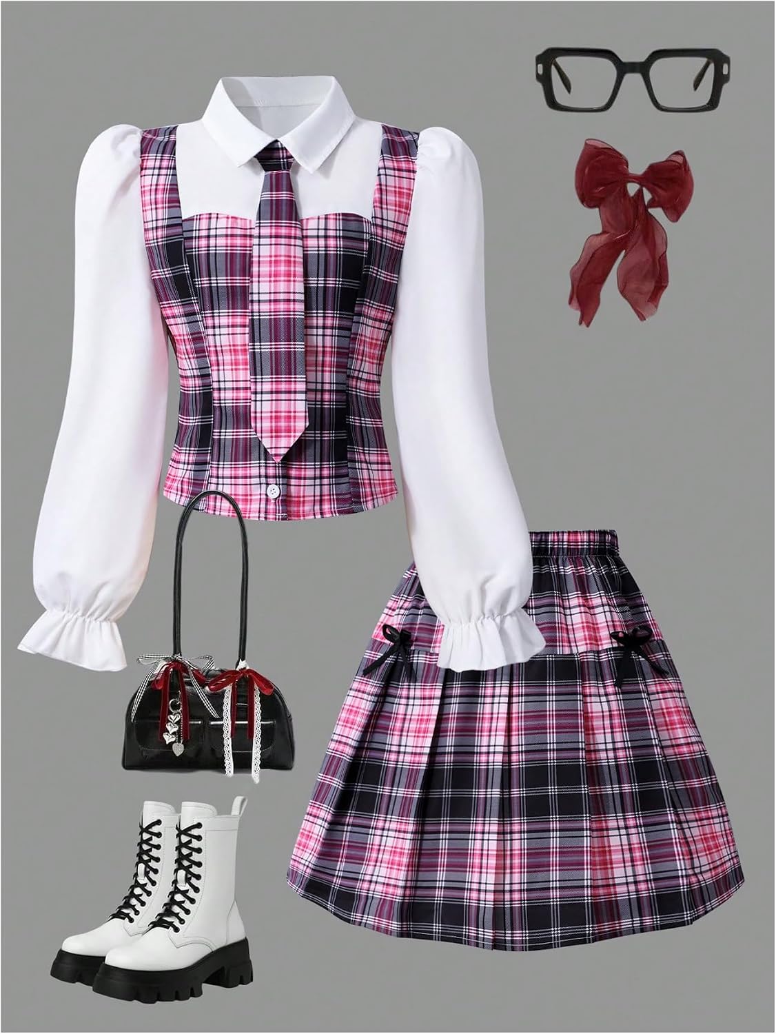 Milumia Girl's 2 Piece Outfits Plaid Button Up Puff Long Sleeve Top Pleated Skirt Sets Preppy Clothes