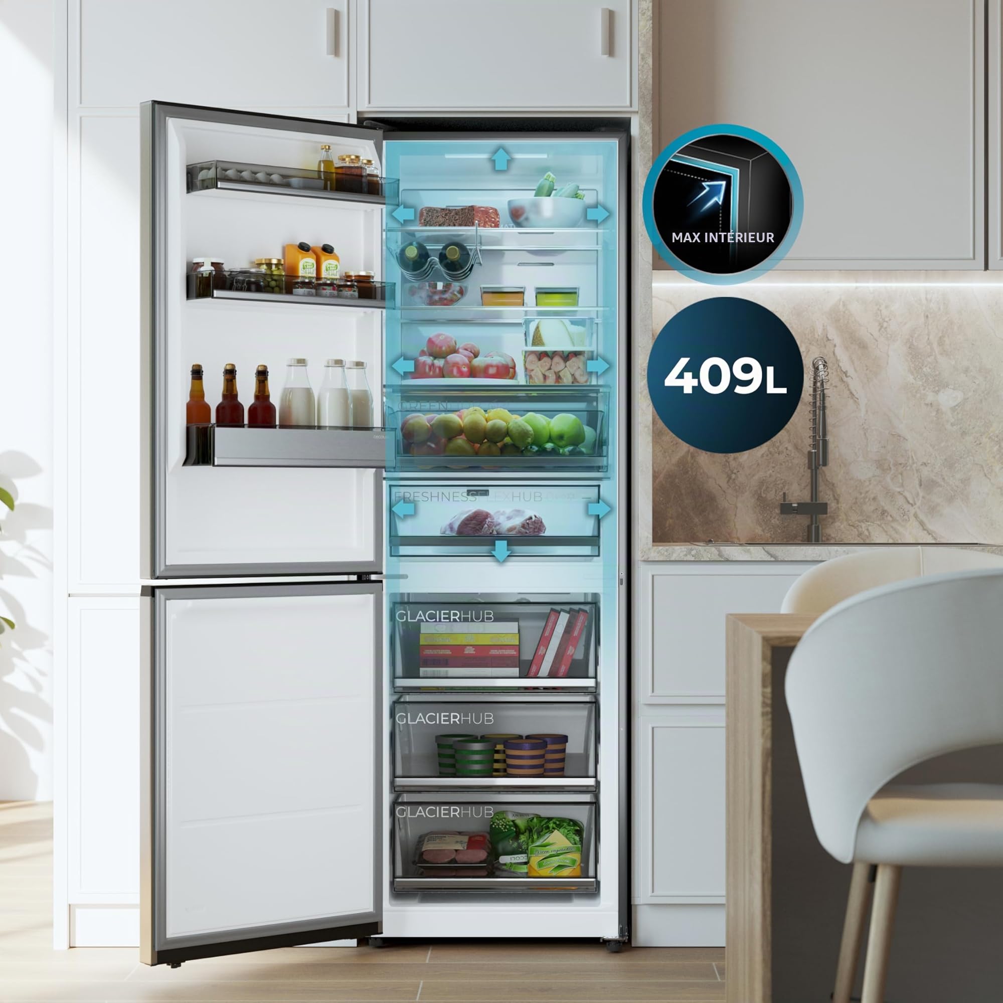 Cecotec Réfrigérateur Combi 409L No Frost Bolero CoolMarket Combi 409 Inox C. Hauteur 185cm, MAX INSIDE avec VIP Tech, Compresseur Inverter Plus, Basse Consommation, Tiroir Température Variable, Inox