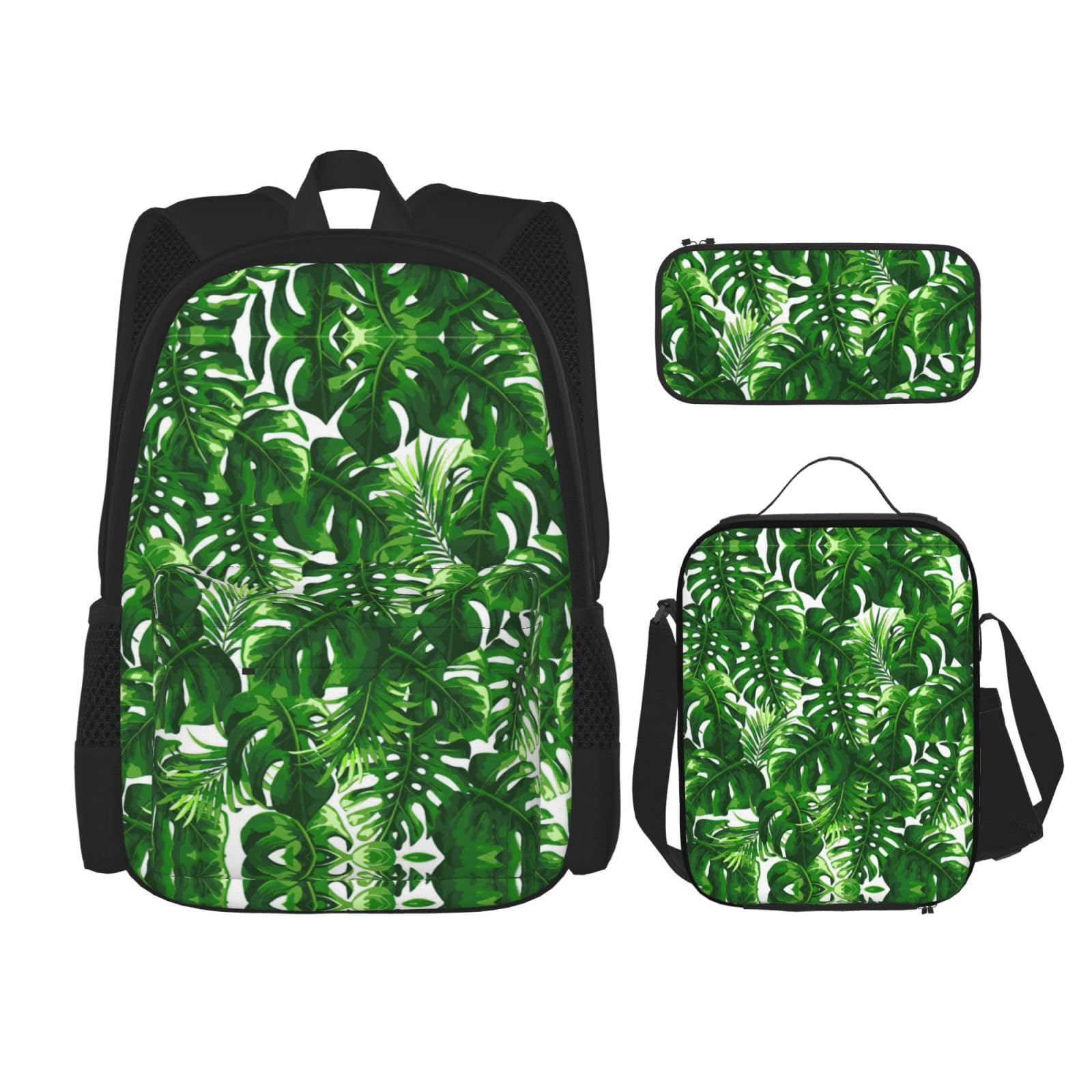Monstera Deliciosa plecak szkolny z nadrukiem palmy bananowej, duża pojemność, wodoodporny plecak na laptopa z izolowaną torbą na lunch i piórnikiem dla młodzieży gimnazjalnej powrót do przyborów