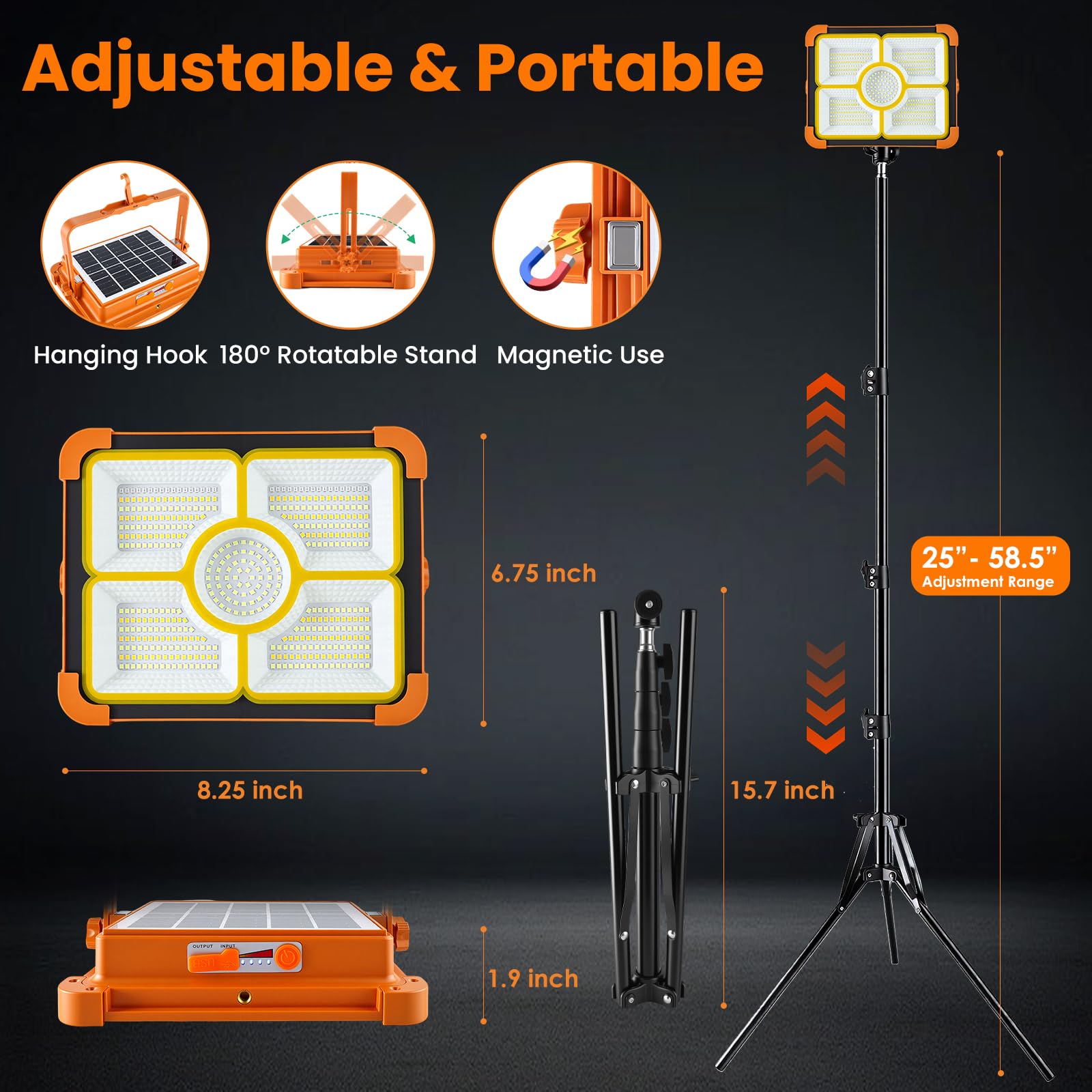 Lampe de camping rechargeable avec trépied, lampe de travail solaire portable 12 000 mAh, lampe de travail LED sans fil 12 000 lm avec 5 modes, étanche, équipement de camping, réparation de voiture