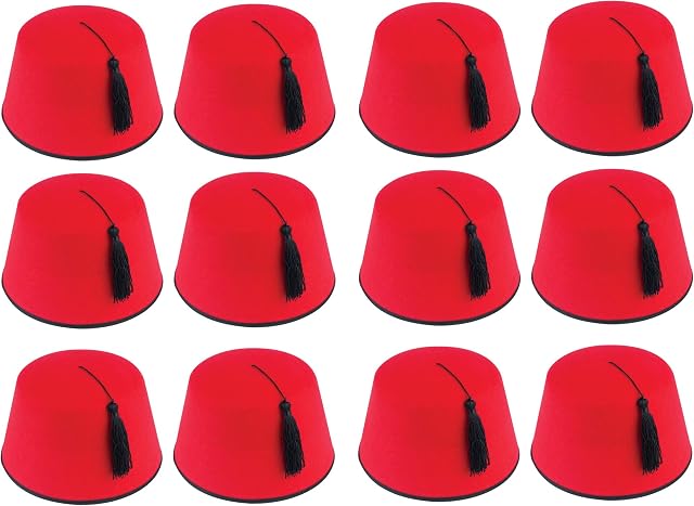 Quickdraw 12 x Adults Red Fez Hat Turkish Black Tassels Unisex Fancy Dress Costume Accessory