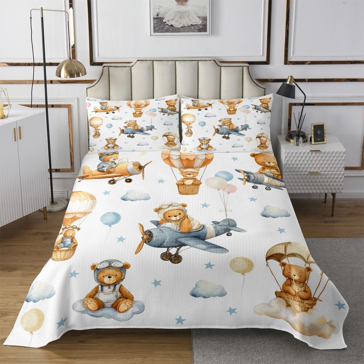 Homewish Princess Bears Quilt Sets Queen Size,Coquette Girly Bedspread 3Pcs for Kids Teens Youth Room Decor,Green Maple Leaf Bedding Sets Cartoon Cakes Gifts Coverlet,2 Pillowcases
