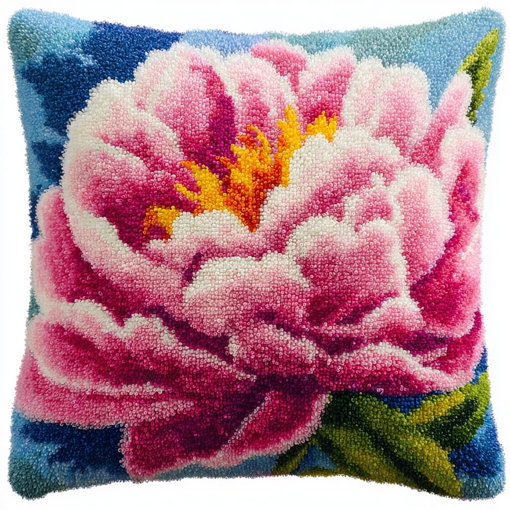 Taxpy Latch Hook Pillow Case Embroidery Kits, Peony Flowers DIY Needlework Latch Hook Cushion Cover Kits,Sofa Cushion Cover,17x17inch
