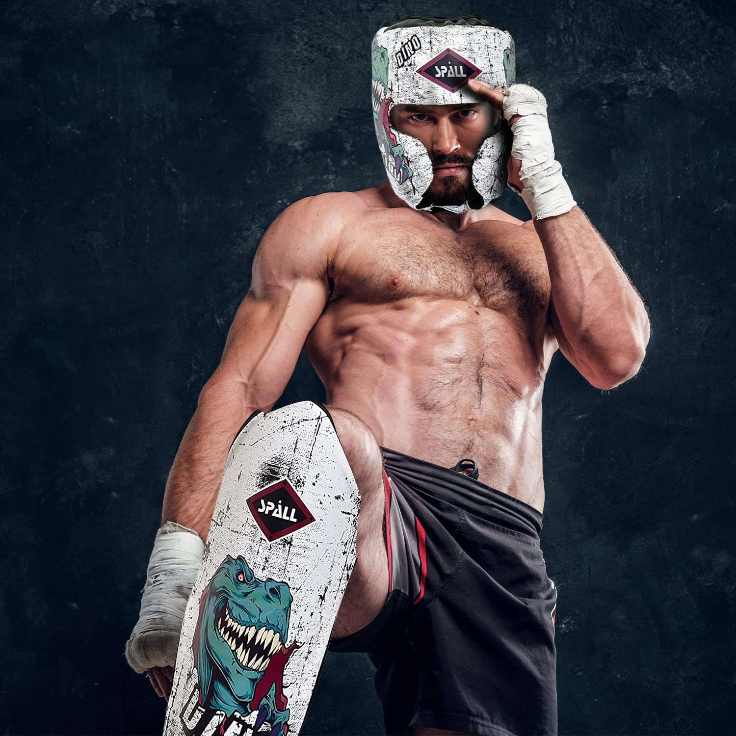 Spall Pro US Boxing Acessories - MMA Head Gear, Shin Instep Guards, Boxing Gloves (Set of 3) (White, Small)