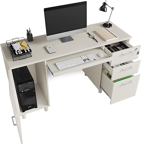Miniatura 28 de Crafts and Comfort - Escritorio de oficina para computadora Venecia de diseño moderno con 3 cajones de bloqueo y armario de almacenamiento, Cass