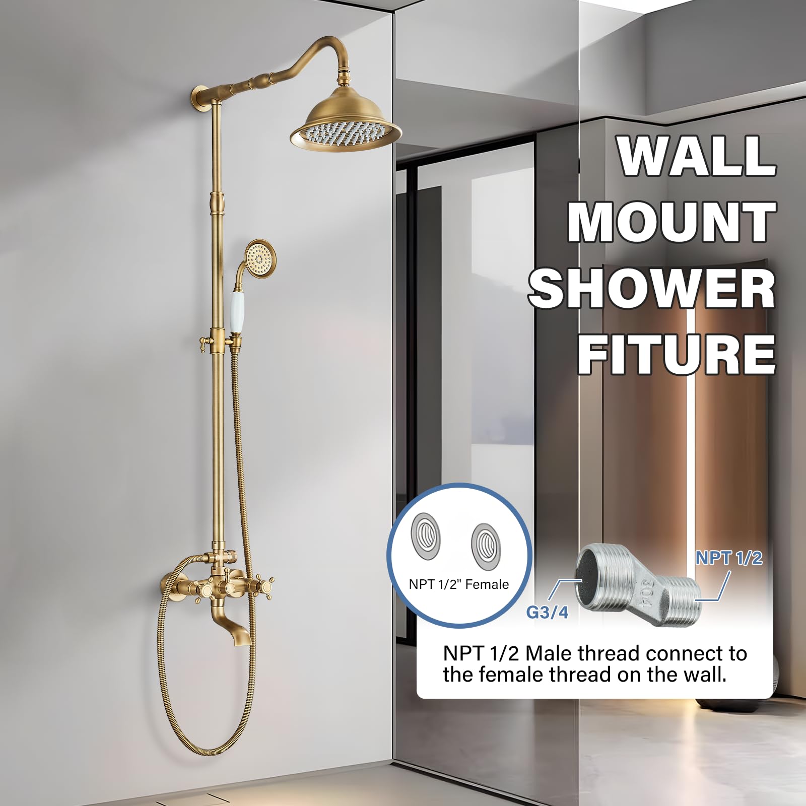 Grifo de ducha con cascada retro, 3 salidas, alcachofa superior de 8 pulgadas, ducha de mano + bañera de latón antiguo, kit con soporte extensible (100-135 cm)