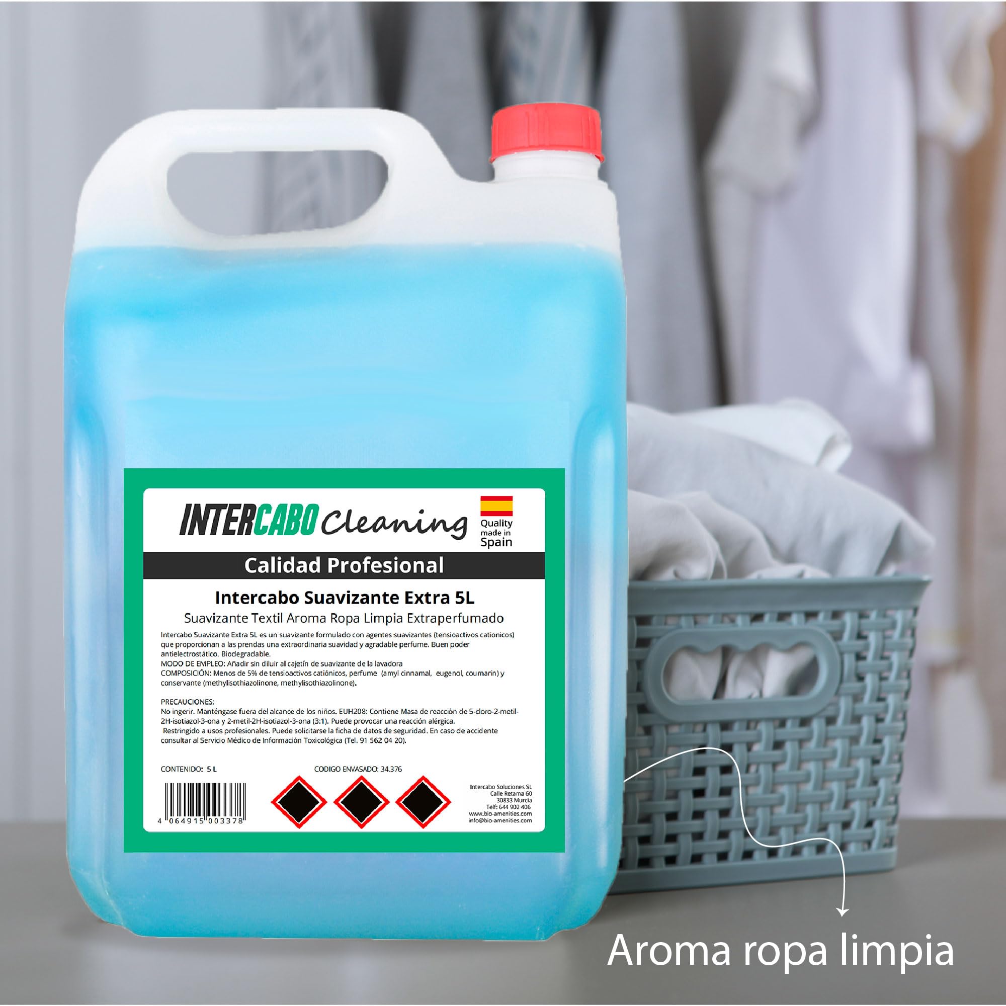 4 Garrafas suavizante ropa 5 litros - total 20L - fórmula concentrada con fragancia duradera - suavidad y frescura para textiles - uso intensivo en hoteles, lavanderías y colectividades - Intercabo