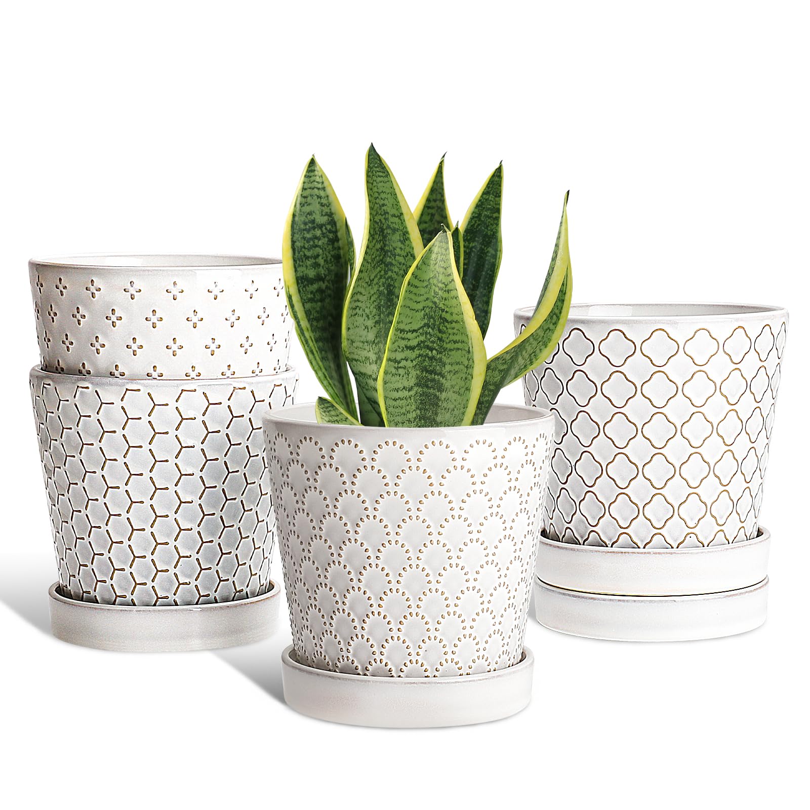 Photo 1 of *** Single pot ****EFISPSS Ceramic Plant Pots Indoor, 5 Inch Planters with Drainage Holes and Ceramic Tray, Relief Design Flower Planter, Desktop Office Windowsill Decoration Gift Set of 4, White
