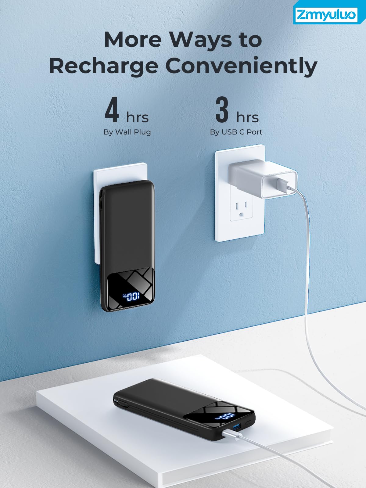 Caricabatterie portatile da 10000 mAh con cavi integrati e spina a muro, batteria USB-C a ricarica rapida, caricabatterie portatile essenziale da viaggio compatibile con iPhone, Samsung (nero)