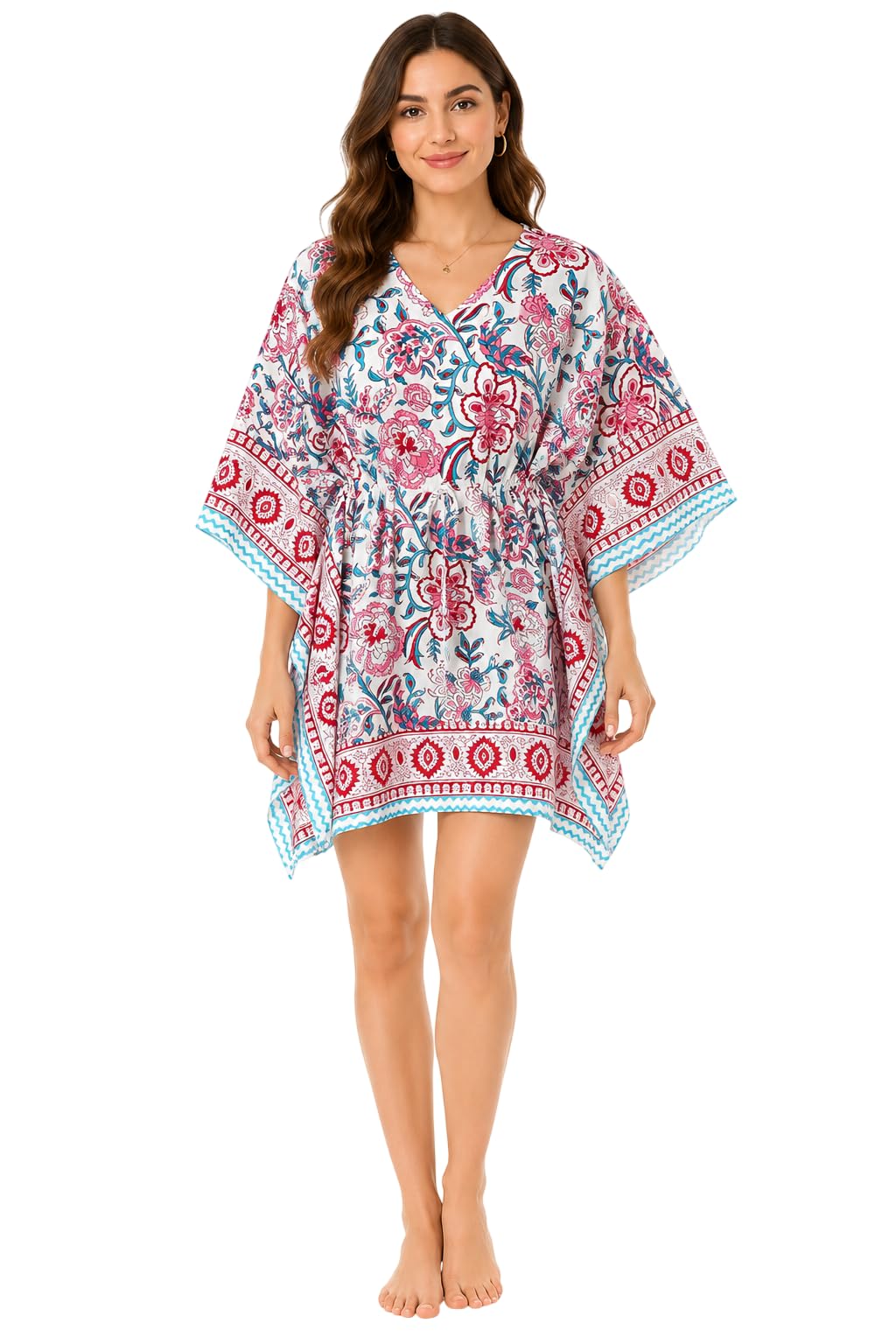 BOHEKANT Short Hand Block Print Cotton Kaftan for Women | Pure Cotton Summer Wear | Loungewear, Beachwear, Nightwear | Free Size Comfort Tunic Dress-image-45