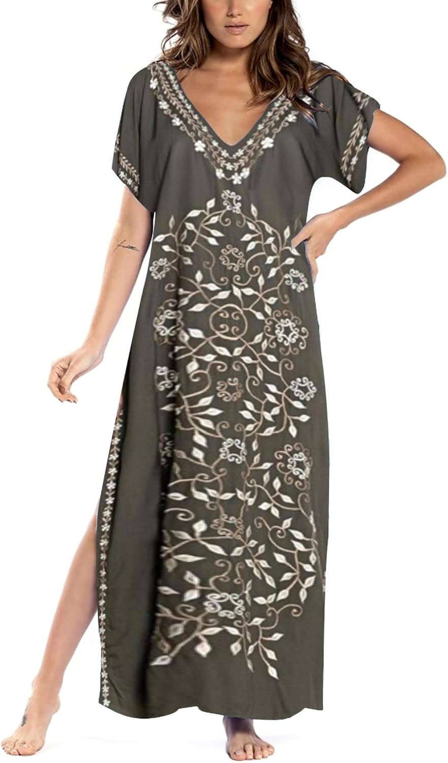 Busbseach Caftan Dresses for Women Embroidery Short Sleeve Beach Cover Up V Neck Maxi Kaftan Dress