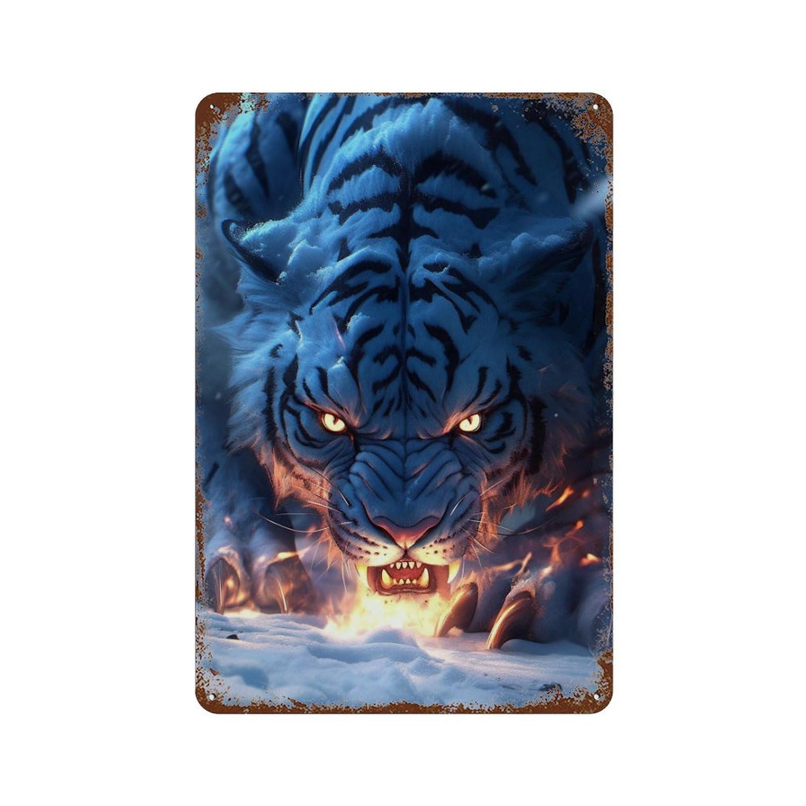 Blue Tiger Snow Fantasy Artwork 11.8"x7.9" Retro Metal Sign, Old School Wall Decor for Office, Studio And Wall Decor