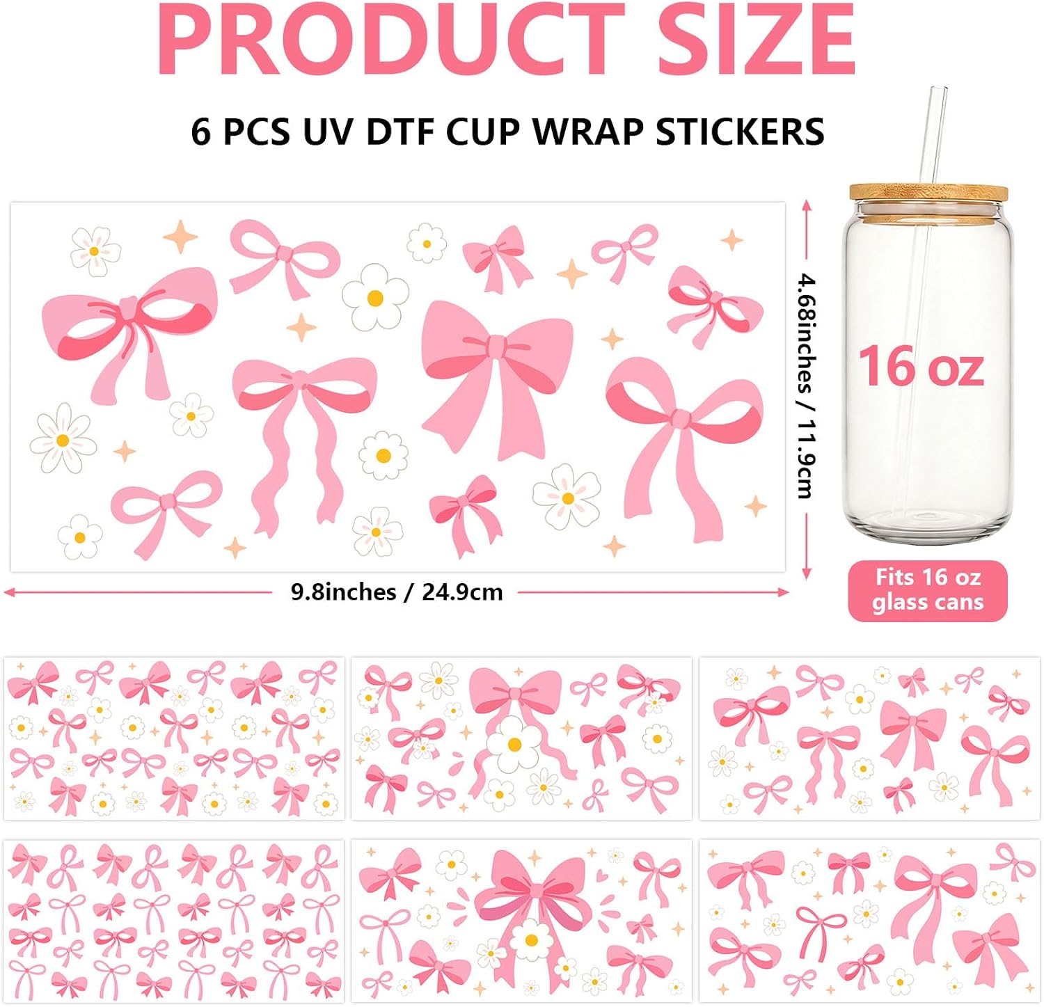 6 Sheets Pink Bow UV DTF Cup Wraps Sticker for 16oz Glass Cup Decals, Waterproof Coquette Bow Rub on Transfers, Bowknot Daisy Transfer Stickers for Crafts Gift DIY Water Bottle Coffee Cups image 2