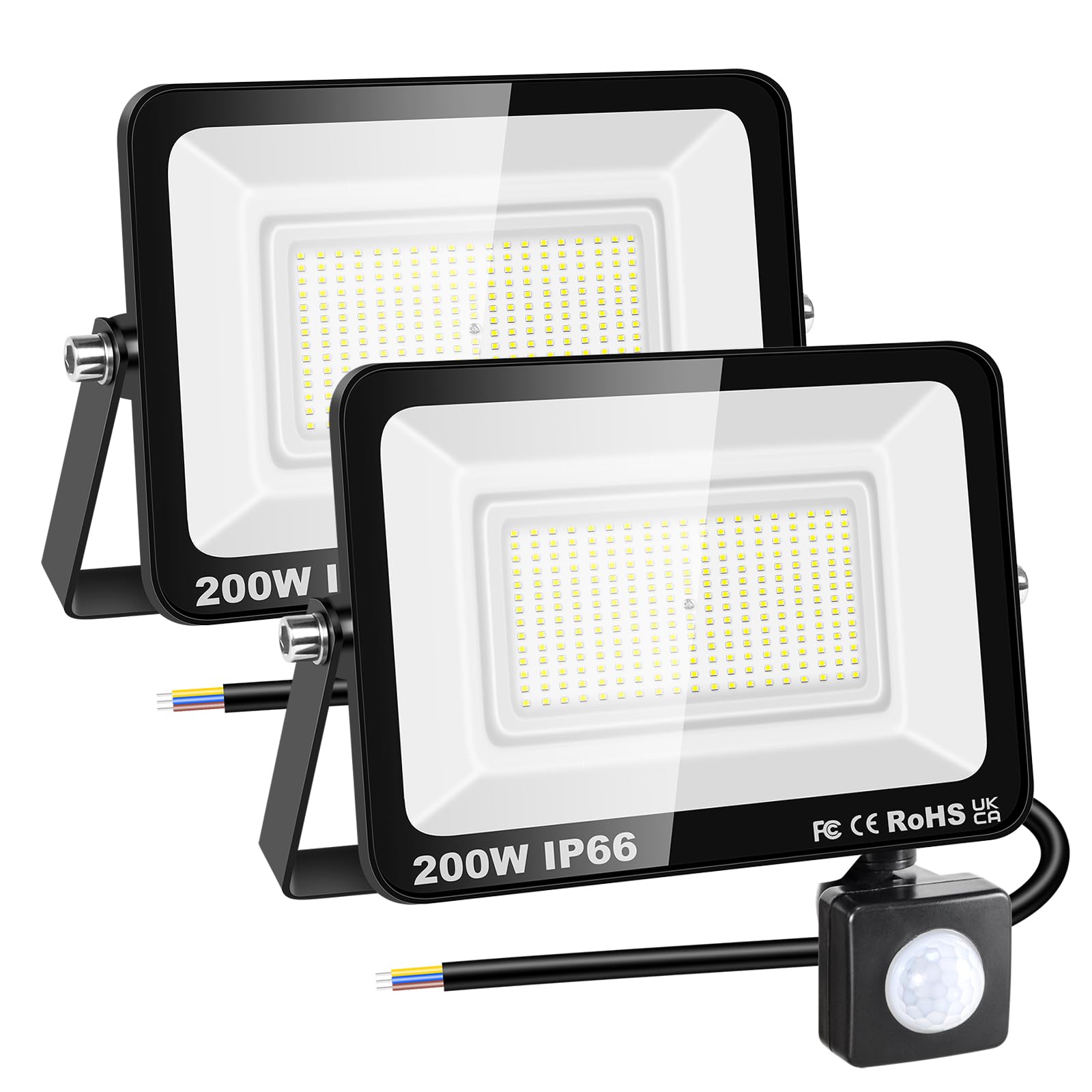 RIGIDON 2 Pcs PIR Motion Sensor Outdoor Security Light, 200W 20000 Lumens Outside Led Floodlight, Cold White Wall Light for Garden Garage Backyard Patio House Doorway, IP66 Waterproof 6000K
