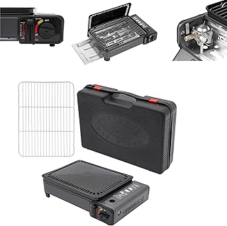 Hornillo de camping de gas 2 en 1, incluye juego de barbacoa + maletín de aluminio (3,2 kg), parrilla multifunción portátil de 3 kW con encendido piezoeléctrico y válvula de seguridad para exteriores