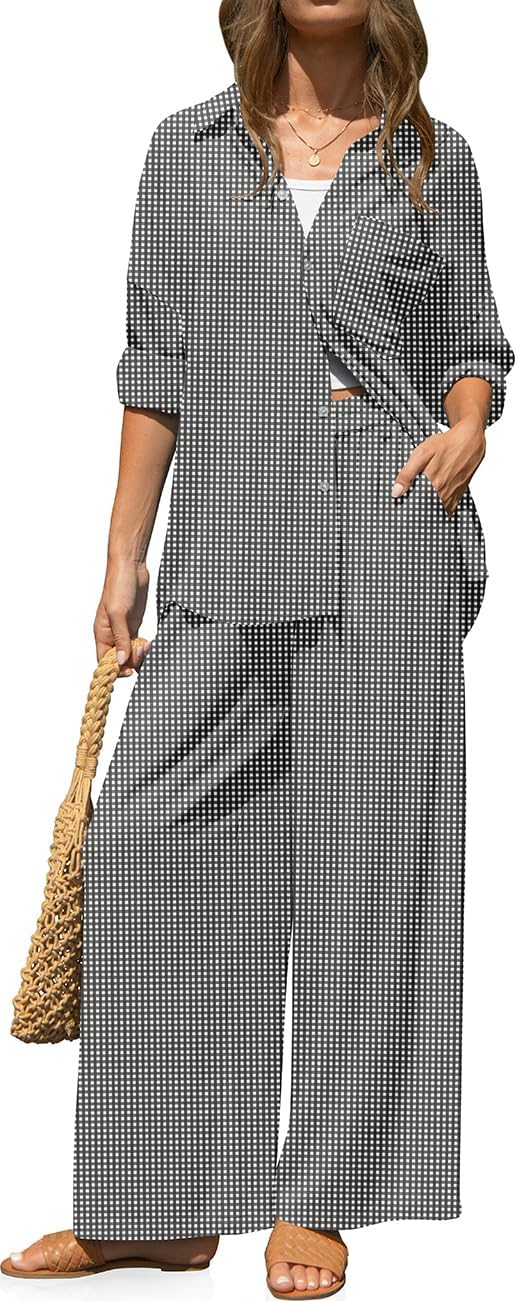 TARSE Women's Linen 2 Piece Outfits Casual Lounge Sets Long Sleeve Button Down Shirts Wide Leg Pants Vacation Set