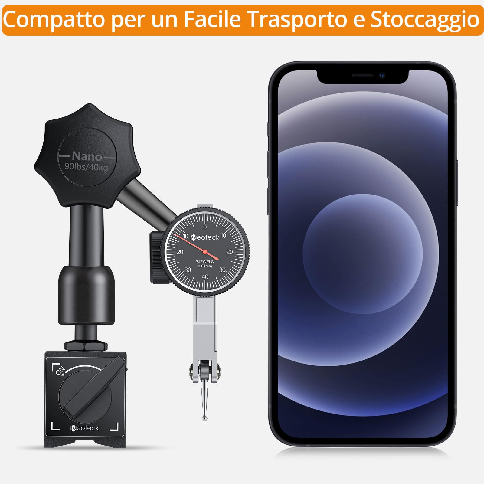 Neoteck Indicatore di Prova a Quadrante 0-0.8mm con Base Magnetica 90lbs/40kg Set Comparatore a Leva Metrico 0.01mm Supporto Magnetico Forte con Custodia Protettiva per Laboratori, Officine Meccaniche