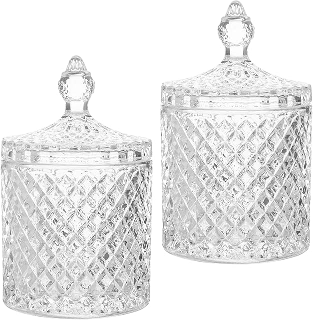 tuleboln 2 Pack Crystal Glass Storage Jars,Crystal Diamond Faceted Jar With Crystal Lid, Clear Glass Sugar Jar, Snack Organizer for Living Room, Bedroom, Kitchen, Bathroom (3.27x5.5 inches)
