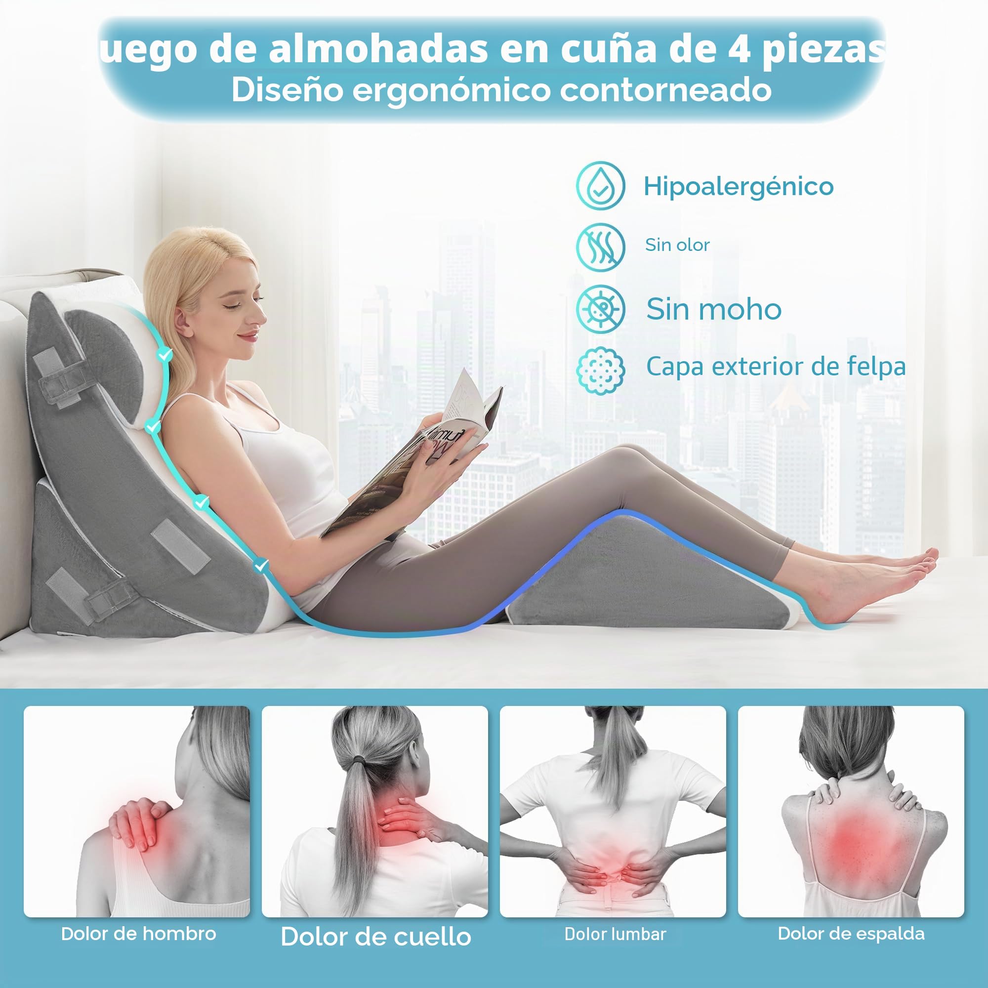 Kingfun Juego de 4 almohadas ortopédicas de cuña para cama postoperatoria, espuma viscoelástica para dormir, soporte ajustable para piernas, espalda y brazos, almohada para sentarse y descansar con