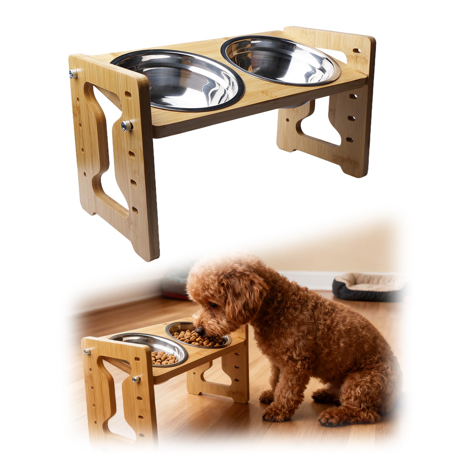 Aicharynic Ciotola per Cani Rialzata, Regolabile in Altezza con Supporto, Mangiatoia per Cani di Piccola Taglia e Gatti, con 2 Ciotole in Acciaio Inox