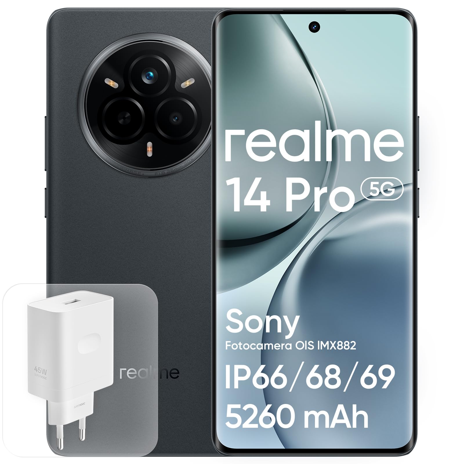 realme 14 pro 5G Smartphone, 12 + 512 GB, MediaTek Dimensity 7300 Chipsatz, IP69, Sony IMX882 OIS-Kamera, 6,77" 120 Hz 3D Curved Vision Display, 5260 mAh Akku, Grau (Mit Adapter)