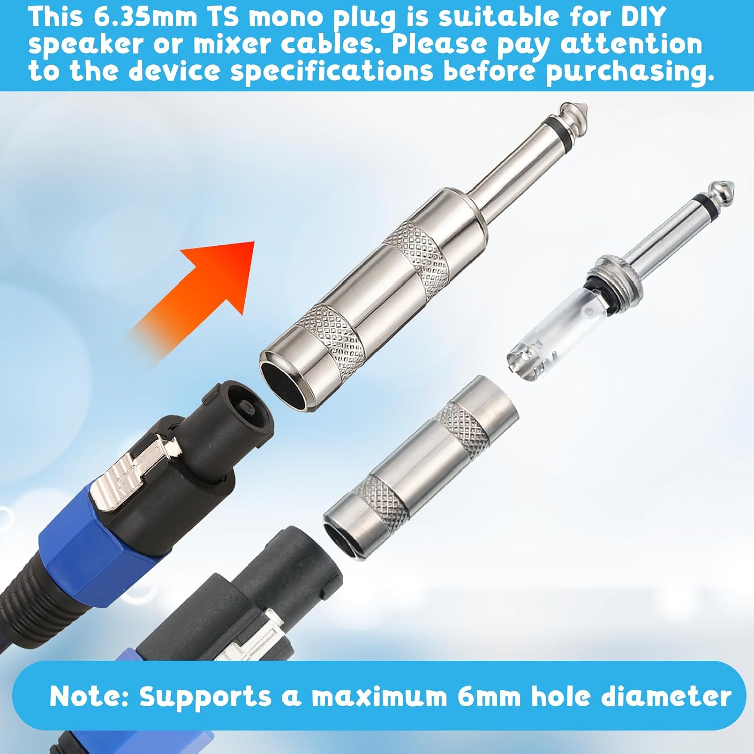 Audio 1/4インチ TSプラグ、5パック 6.35mm 1/4インチ TSモノプラグ 高耐久 モノオス はんだジャックコネクタ