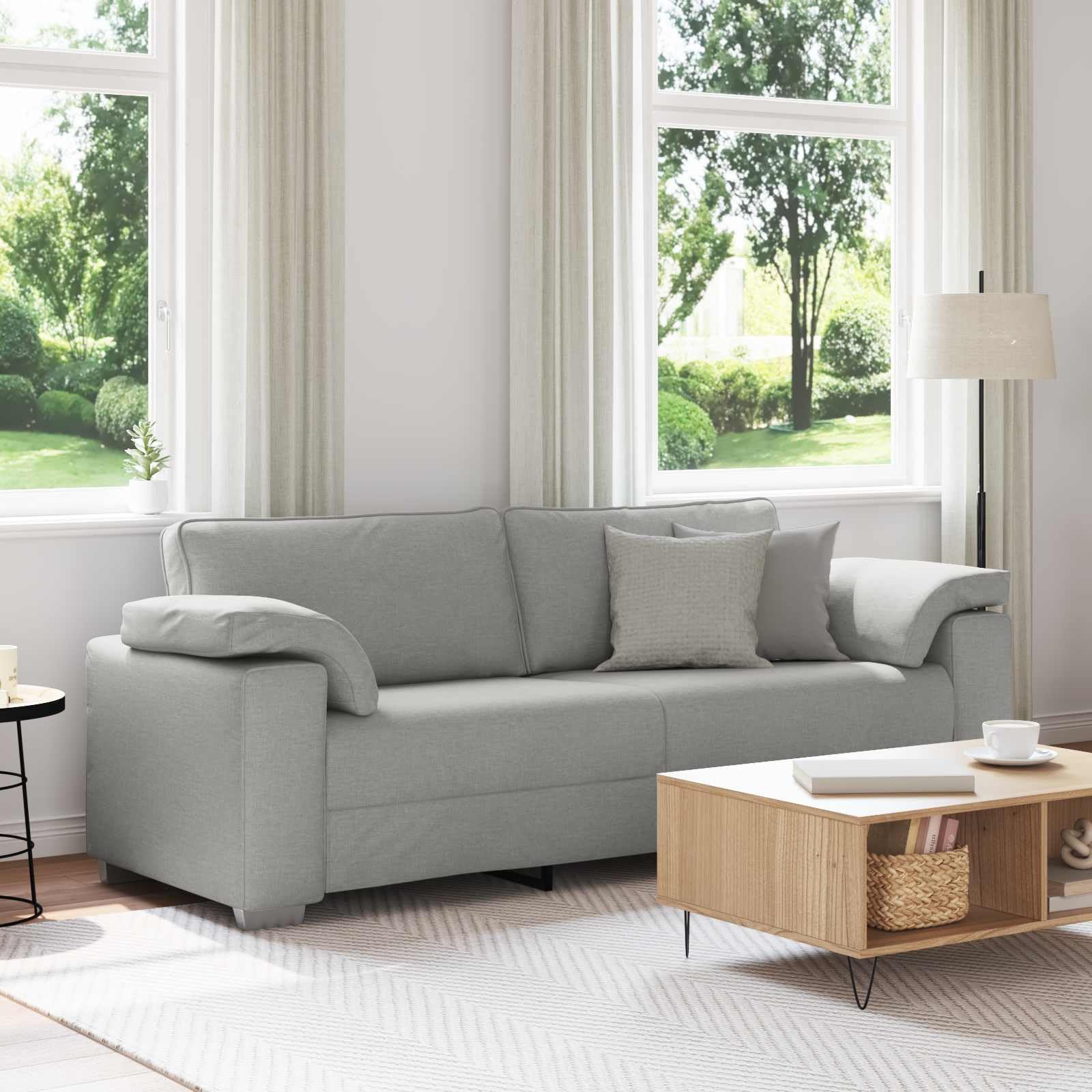 Nowoczesna sofa 3-osobowa, szara, 219 cm, materiałowa kanapa do salonu, trwałe wzornictwo z szerokimi podłokietnikami, wygodne siedzenie