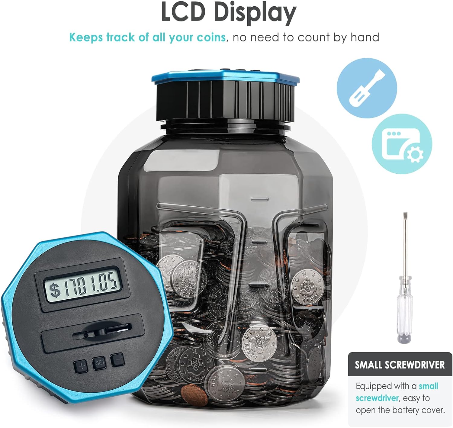 X-Large Piggy Bank for Adults Kids,Vcertcpl Digital Counting Coin Bank with 2.4L Capacity, Great Coin Counter Bank Money Counting Jar with Total Amount Displayed, Bank for All US Coins