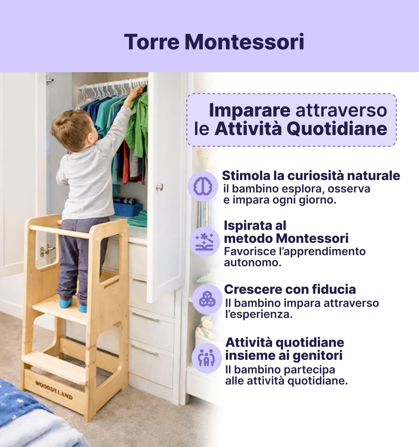 WOODYLAND Torre montessoriana Live, Scala bambini regolabile in altezza, Legno vero 40x39,5x90 cm