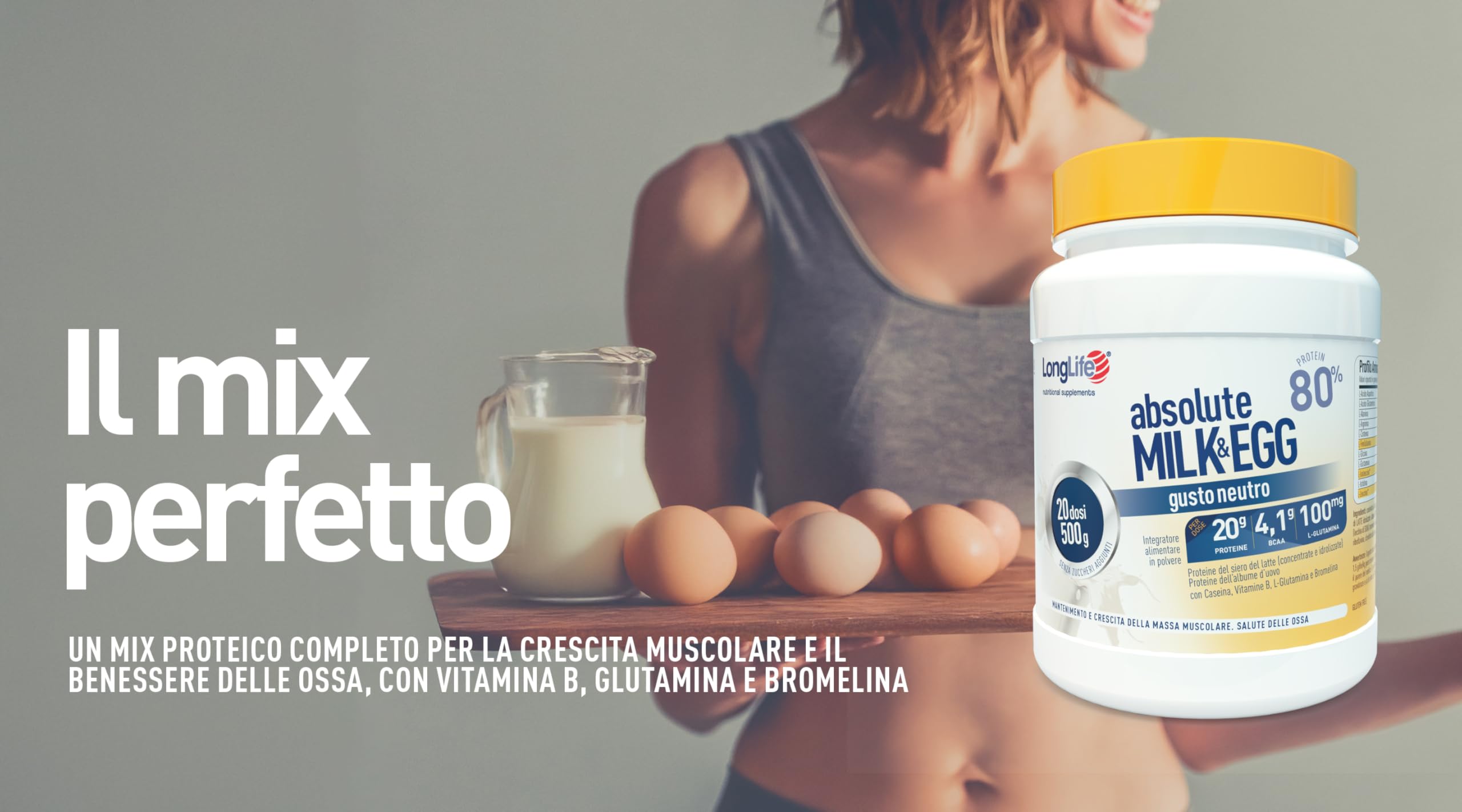 LongLife® Absolute Milk&Egg | 80% proteine di latte e uovo | Con vitamine B e bromelina | Crescita e mantenimento della massa muscolare | Benessere delle ossa | 20 dosi | Vegetariano e senza glutine