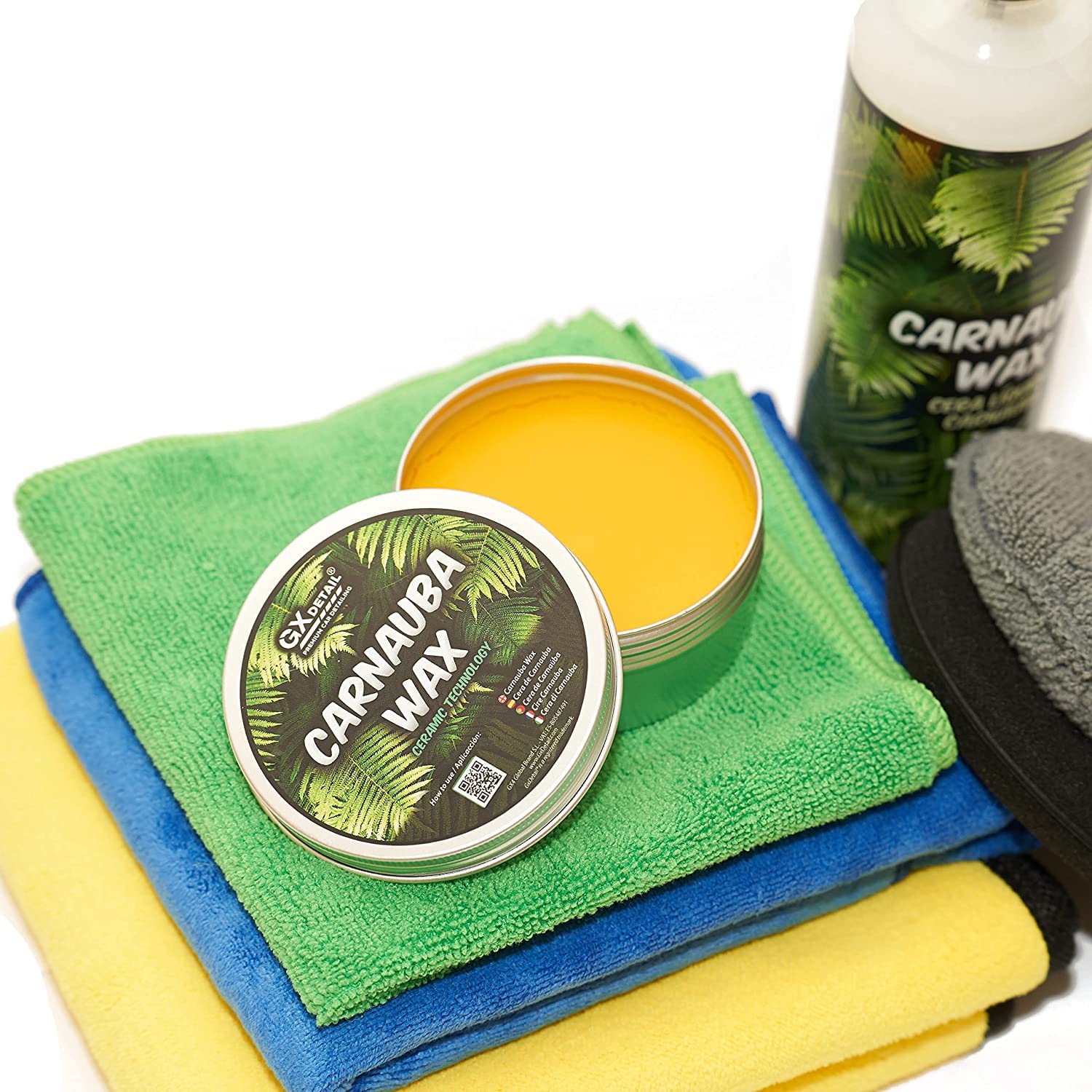 Pack Encerado GxDetail - Kit Cera Carnauba para Coche Gx Detail - Con Accesorios - Cera Líquida y Sólida - WAX Kit