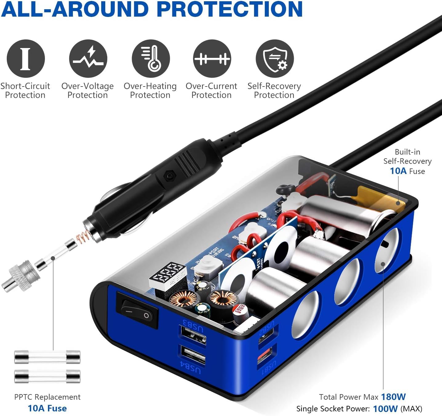 OOWOLF Caricatore Auto QC 3.0 180W 12V/24V Accendisigari con 3 Prese 4 Porte Display LED