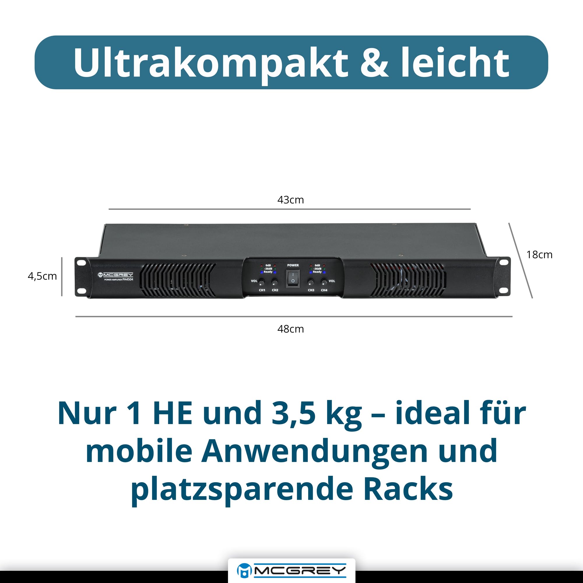 McGrey PA-4504 Endstufe 1 HE 4 x 450 Watt - Class-D Technologie - 4-Kanal Endstufe mit XLR, Speakon, Schutzschaltung - Rackfähig 19" & leicht 3,5 kg - Für Bands & DJ´s, Events & Festinstallation