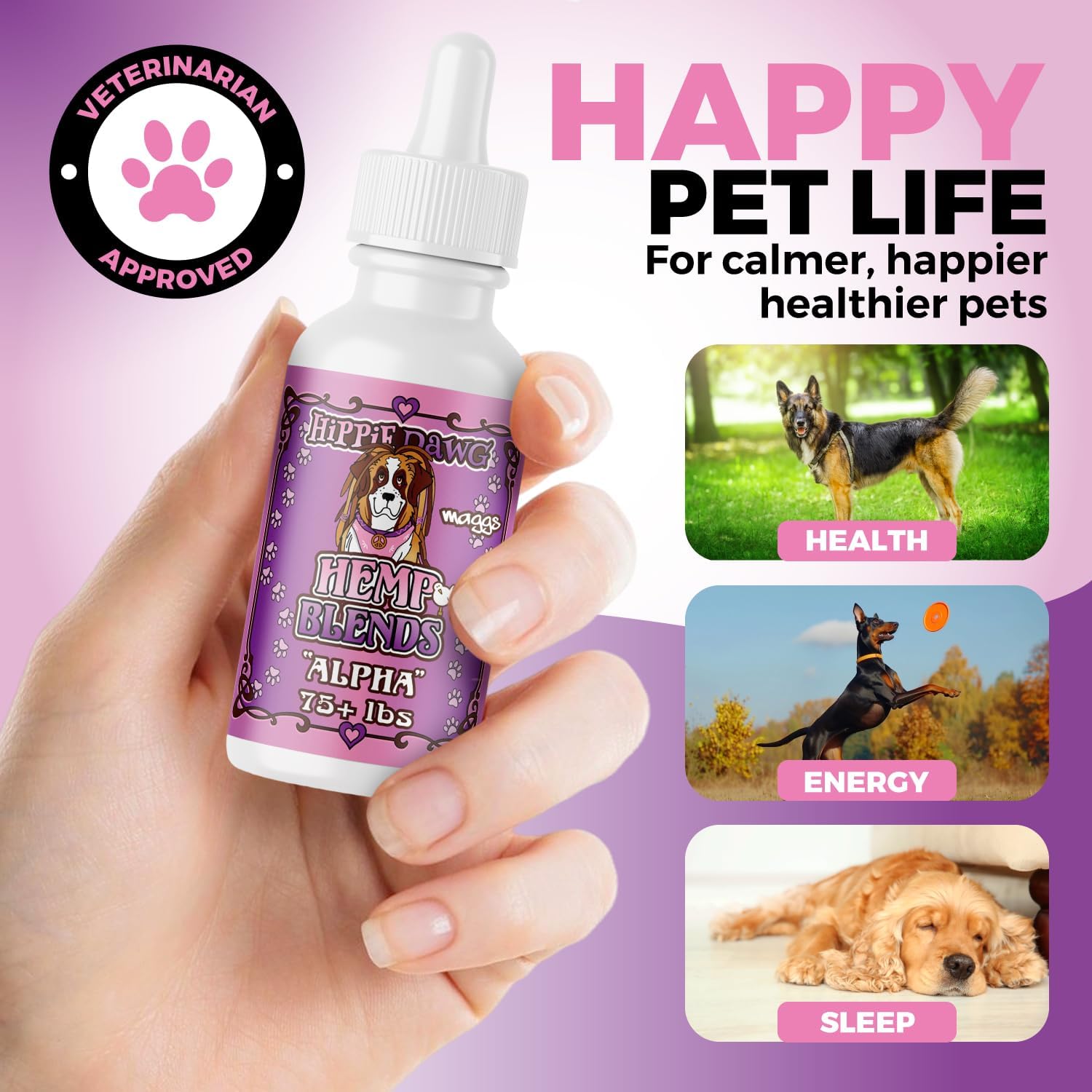 Hippie Dawg Alpha Hemp Oil for Giant Breed Dogs (75+ lbs) - Professional Strength Joint & Mobility Support - High Potency Glucosamine, Hyaluronic Acid & Collagen - 1oz