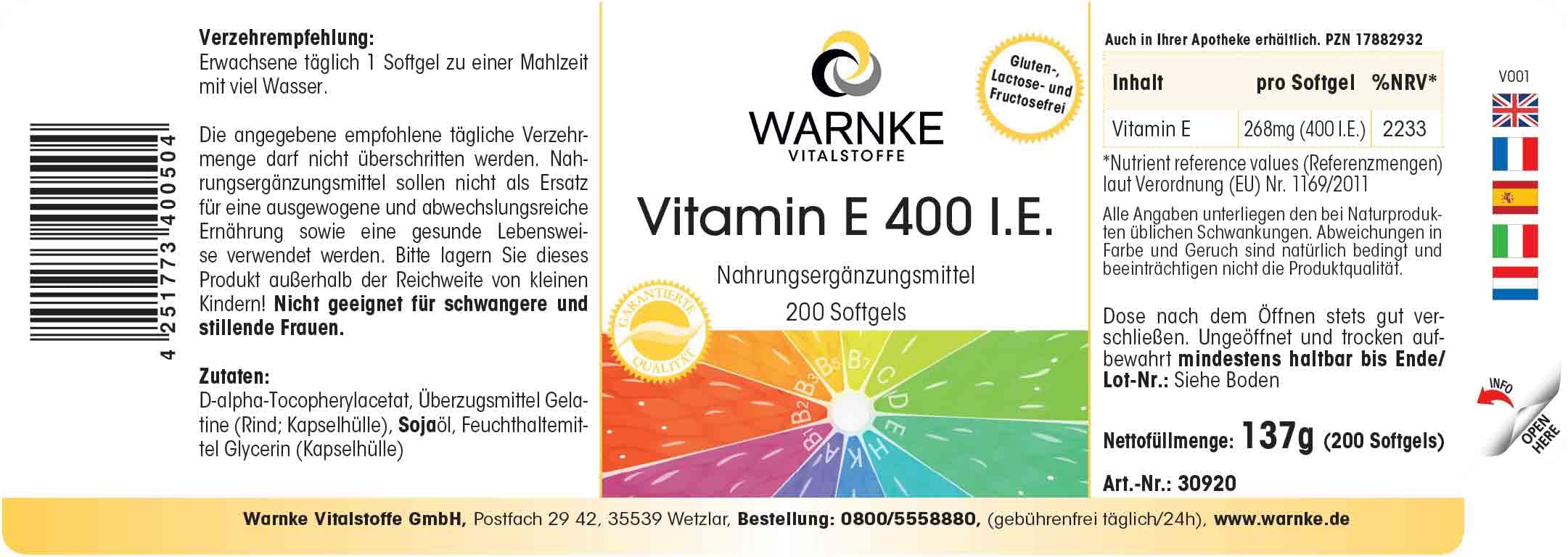 Vitamine E 400 U.I. - 200 softgels pour 200 jours, antioxydant, emballage en gros | Warnke Vitalstoffe - Qualité des pharmacies allemandes