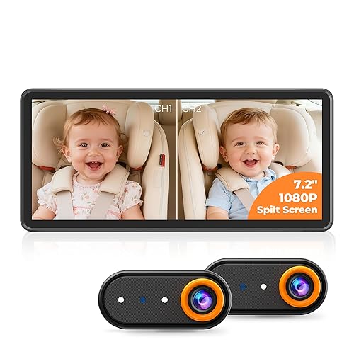 BM5PRO - Cámara de coche de bebé HD 1080P de 7.2 pulgadas para 2 niños, pantalla dividida con visión nocturna IR, fácil de instalar y ajustar el